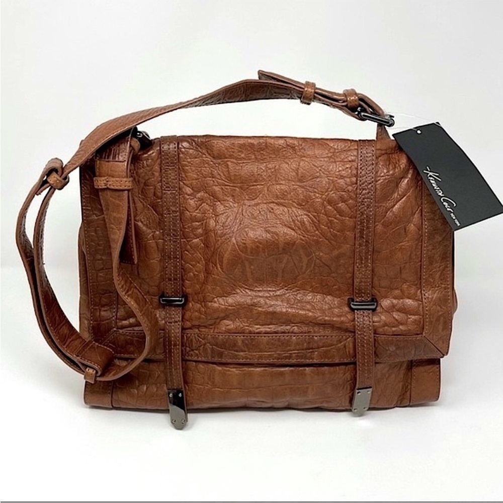 Kenneth Cole New York Leather Flap Messenger Bag Shoulder Crossbody Cognac Brown